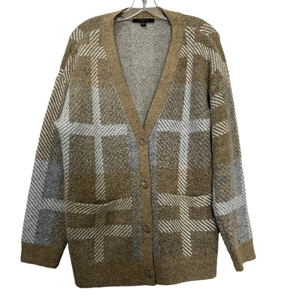 Cyrus Large Button Plaid Neutral Grandpa Cardigan Sweater Longline Y2 - Picture 1 of 4